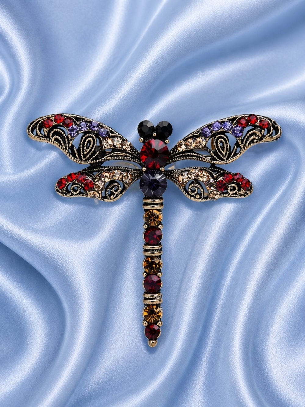 Dragonfly Red Crystal Gold Brooch